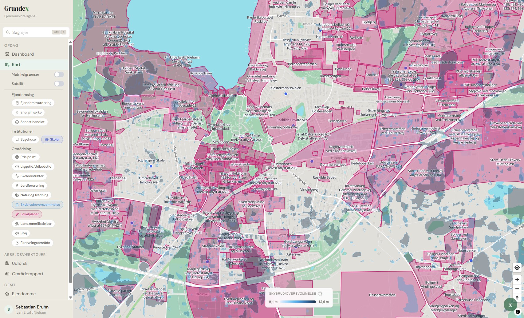 Grundex kort med lokalplaner, jordforurening og skybrud-lag