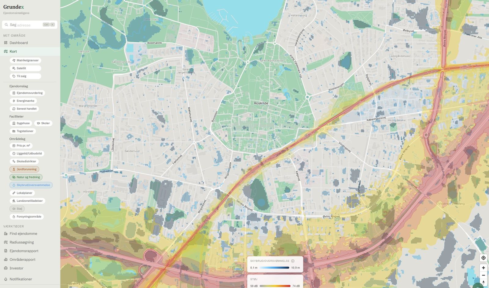 Grundex kort over Roskilde med skybrud/oversvømmelse og trafikstøj