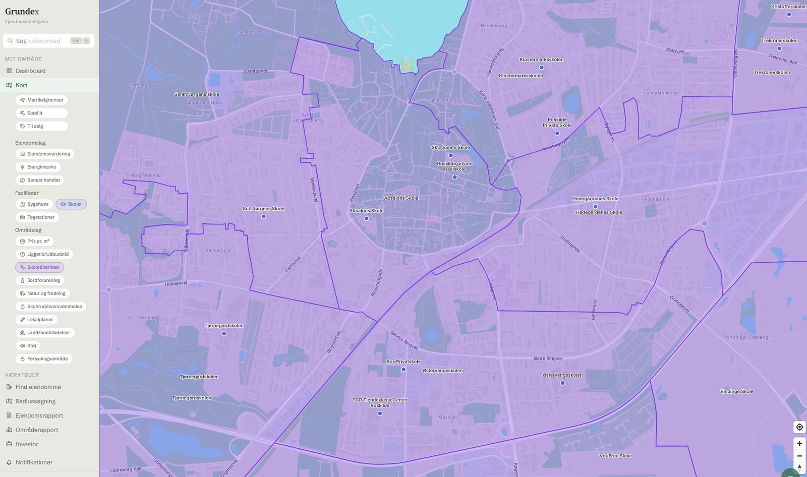 Grundex kort over Roskilde med skoledistrikter og skoler