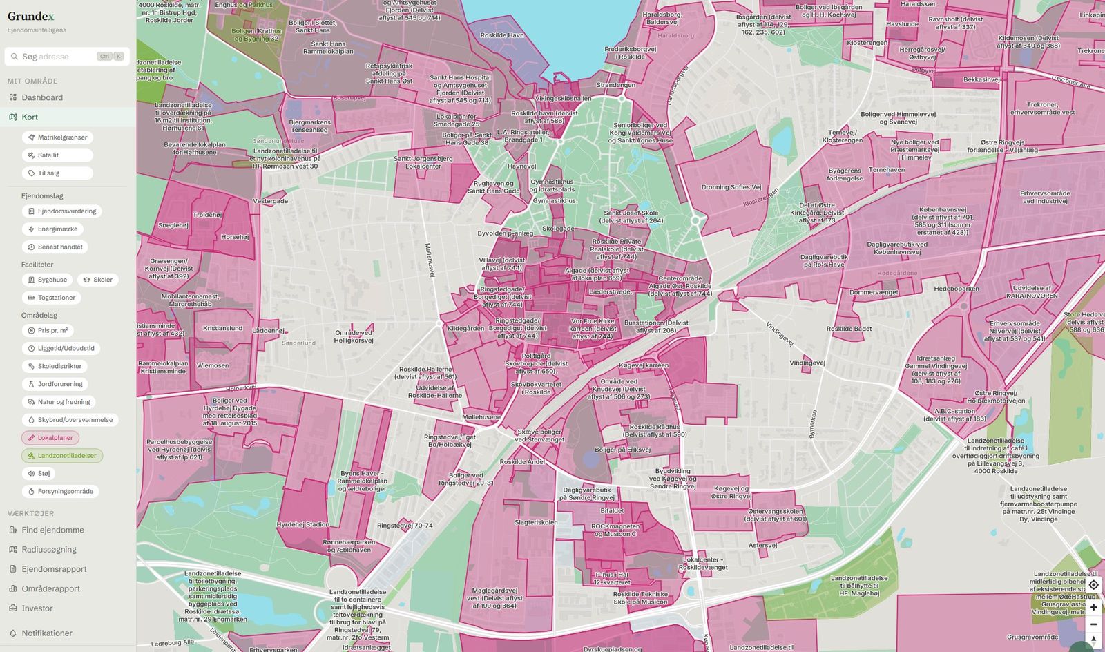 Grundex kort over Roskilde med lokalplaner og landzonetilladelser